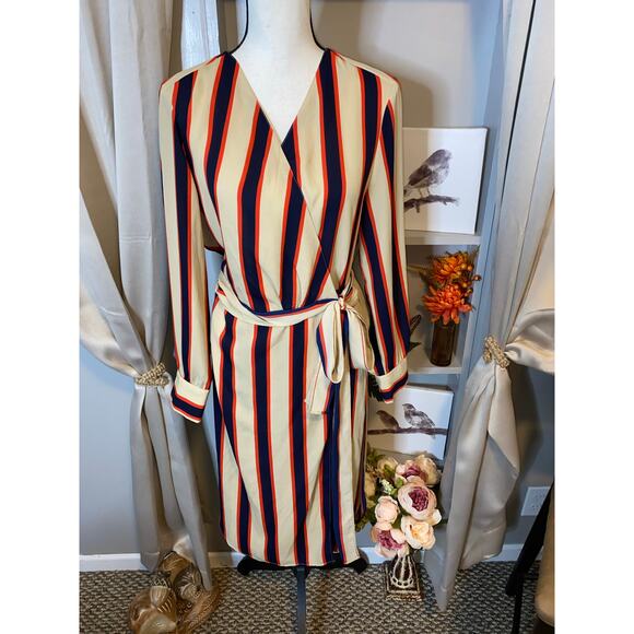 NWT $59.95 NY&C New York & Co Large Long Sleeve Nude Navy Blue Stripe Wrap Dress - Picture 1 of 12